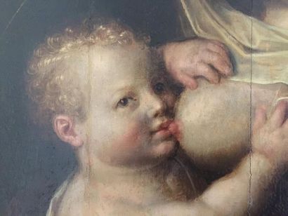 null École ANVERSOISE du XVIIe siècle, suiveur de Joos van Cleve.
Vierge à l'Enfant.
Panneau...