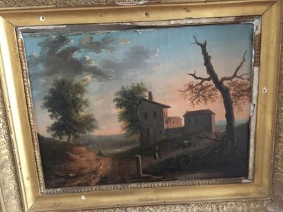 null École française du XIXe siècle.
Paysage à la ferme.
Huile sur toile.
(Restauration.)
Haut....