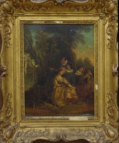 null Dans le goût de Jean-Baptiste-François PATER (1695-1736).
Scène galante.
Huile...