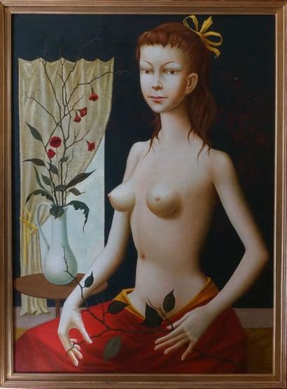 null Philippe BONAMY (1926). 
 Naked woman with a bouquet of flowers.
Oil on canvas,...