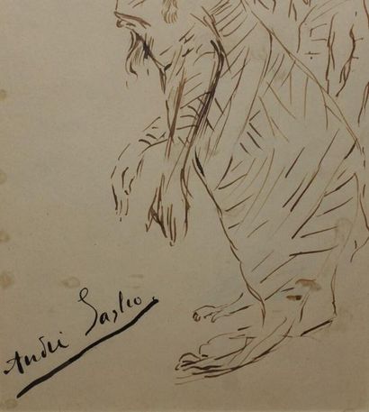 null André SAGLIO (1869-1929).
Caricature.
Dessin à l'encre de Chine, signé en bas...