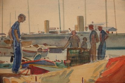 null Tony MINARTZ (1870-1944). 
 Boats in the harbour, Côte d'Azur.

Watercolour,...