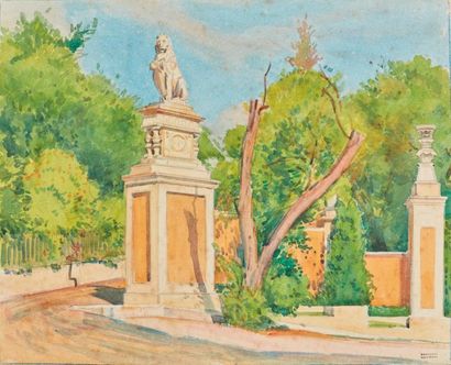 null Tony MINARTZ (1870-1944). 
 Lion on a pedestal in a park, French Riviera
. 
...