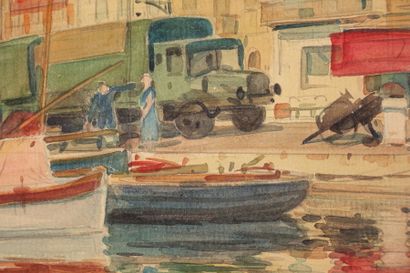 null Tony MINARTZ (1870-1944). 
 Fishing boats in the harbour, Nice.
Watercolour,...