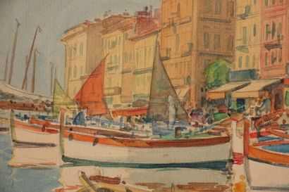 null Tony MINARTZ (1870-1944). 
 Fishing boats in the harbour, Nice.
Watercolour,...
