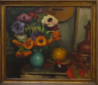 null Georges BARATLEVRAUX (1878-1964).
Bouquet de fleurs sur un entablement.
Huile...