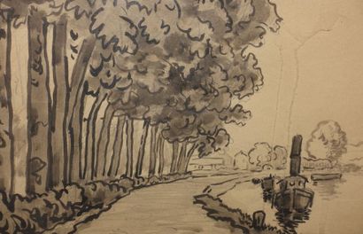 null Maurice CHABAS (1862-1947). 
 River landscape. 
 Pen and wash drawing, signed...
