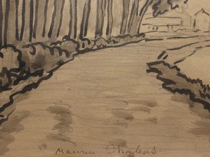 null Maurice CHABAS (1862-1947).
Paysage fluvial.
Dessin à la plume et au lavis,...