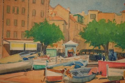 null Tony MINARTZ (1870-1944). 
 Fishing boats on the shore, Nice.

Watercolour,...