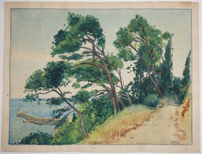null Tony MINARTZ (1870-1944).
Le chemin des pins, surplombant la mer et le phare,...