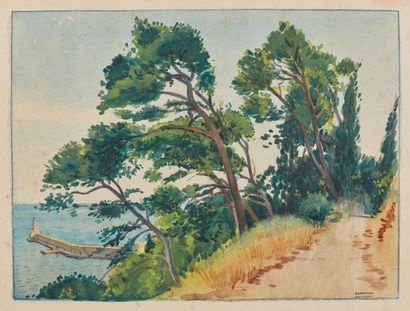 null Tony MINARTZ (1870-1944).
Le chemin des pins, surplombant la mer et le phare,...