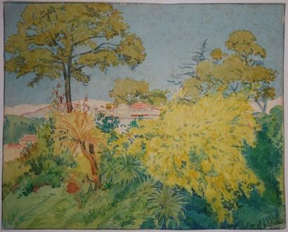 null Tony MINARTZ (1870-1944). 
 Building at the end of a park, Côte d'Azur
. 
 Watercolor,...
