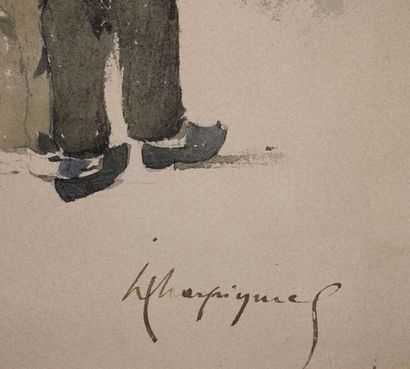 null Henri-Joseph HARPIGNIES (1819-1916).
Étude de personnages.
Aquarelle, signée...
