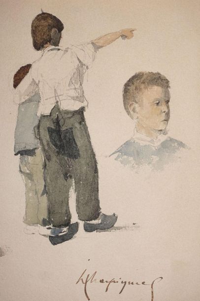 null Henri-Joseph HARPIGNIES (1819-1916). 
 Study of characters.
Watercolour, signed...