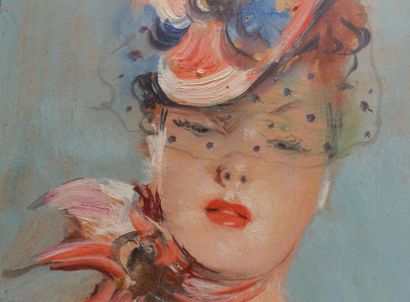 null Jean-Gabriel DOMERGUE (1889-1962).
Femme à la voilette.
Huile sur panneau d'isorel,...