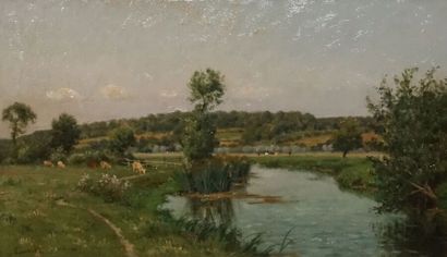 null Antoine-Eugène LAMBERT (1824-1903).
Bord de rivière.
Huile sur panneau, signée...