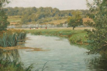 null Antoine-Eugène LAMBERT (1824-1903).
Bord de rivière.
Huile sur panneau, signée...