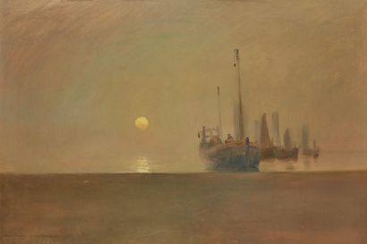 null Arvid JOHANSSON (1862-1923).
Bateaux au soleil levant.
Huile sur toile, signée...