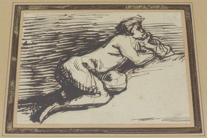 null Attributed to Jean-François MILLET (1814-1875). 
 Woman kneeling on her knee.
Pen...