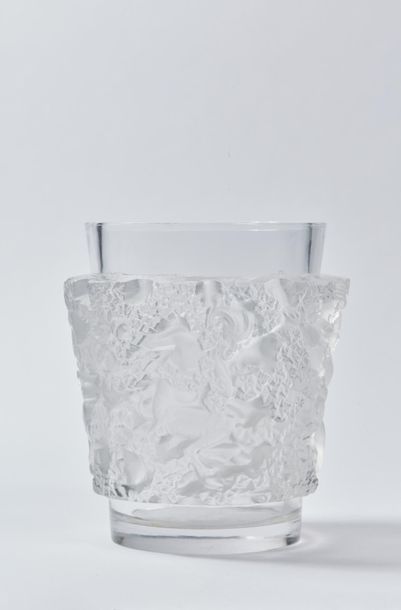 null CRISTAL LALIQUE.
Bacchus vase. Moulded white pressed satin matt and glossy crystal...