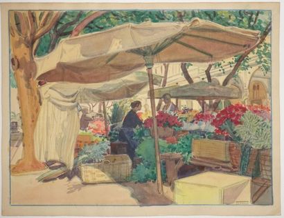 null Tony MINARTZ (1870-1944). 
 Le marché aux fleurs, Nice.

Watercolour, bears...