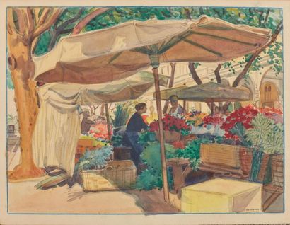 null Tony MINARTZ (1870-1944). 
 Le marché aux fleurs, Nice.

Watercolour, bears...