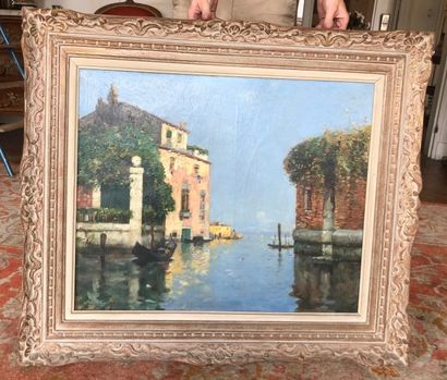 null Maurice BOMPART (1857-1936).
Venise - Gondole sur un canal.
Huile sur toile,...