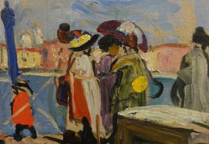 null Lucien SIMON (1861-1945).
Estacade à Venise.
Huile sur toile marouflée sur carton,...