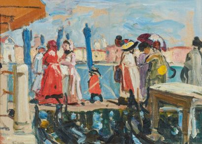 Lucien SIMON (1861-1945). 
 Boom in Venice.
Oil...