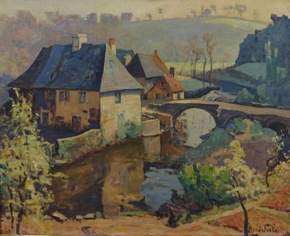 null René JUSTE (1868-1954).
Maison au bord de la rivière. 
Huile sur toile, signée...