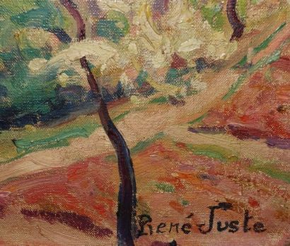 null René JUSTE (1868-1954).
Maison au bord de la rivière. 
Huile sur toile, signée...