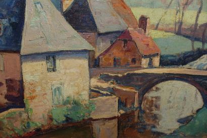 null René JUSTE (1868-1954). 
 House by the river. 
Oil on canvas, signed lower right.
Top....