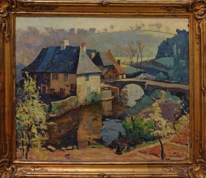 null René JUSTE (1868-1954).
Maison au bord de la rivière. 
Huile sur toile, signée...