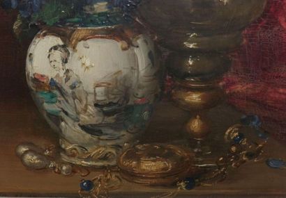 null Antoine VOLLON (1833-1900).
Nature morte au vase de Chine et aux bijoux.
Huile...