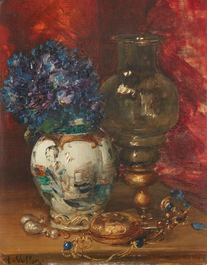 null Antoine VOLLON (1833-1900). 
 Still life with Chinese vase and jewels.
Oil on...