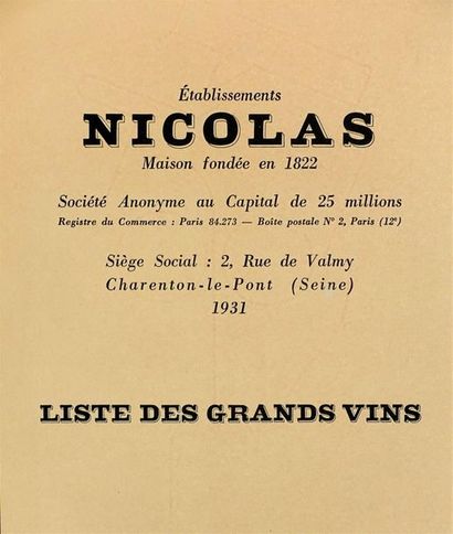 null Établissements NICOLAS.
Six listes des grands vins fins, années 1931 (?), 1932,...