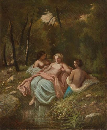 null École du XIXe siècle (1830-1909).
Les trois amies au ruisseau.
Huile sur toile.
Porte...
