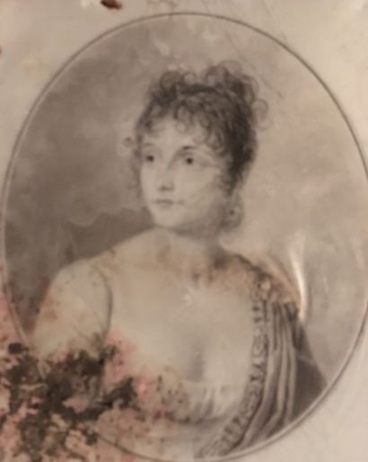 null École française du début du XIXe siècle.
Portrait de femme dans un drapé à l'Antique.
Oeuvre...