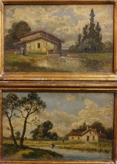 null Paysages animés.
Deux huiles sur toile formant pendant.
(Craquelures, inscriptions...