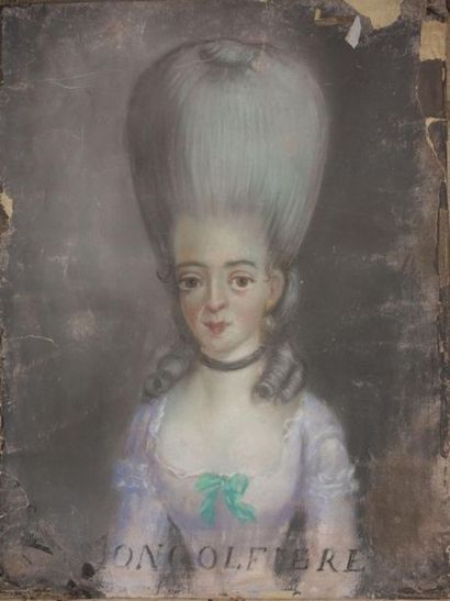 null École du XVIIIe siècle.
Portrait de femme coiffée " à la Mongolfière ".
Pastel,...