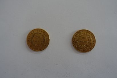 null Deux pièces de 20 francs or.
(Napoléon Ier lauré et non lauré), 1812 et an XII.

Frais...