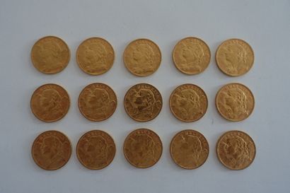 null Quinze pièces en or de 20 francs Suisse (années 1930).
Vreneli ou « tête d'Helvetia...