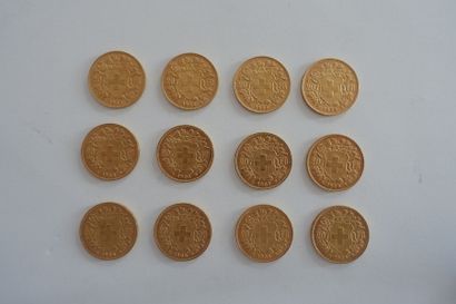null Douze pièces en or de 20 francs Suisse (années 1930).
Vreneli ou « tête d'Helvetia...
