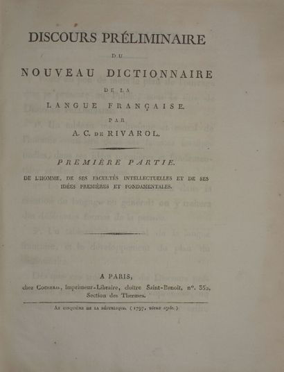null RIVAROL Antoine de. Discours préliminaire du nouveau dictionnaire de la langue...