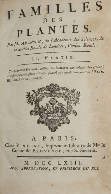 null ADANSON Michel. Famille des plantes. Paris, Barrois, 1763 ; 2 vol. in-8 de [2]...