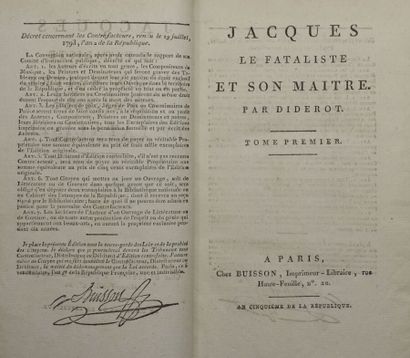 null DIDEROT Denis. Jacques le Fataliste et son maître. Paris, Buisson, 1797; 2 volumes...