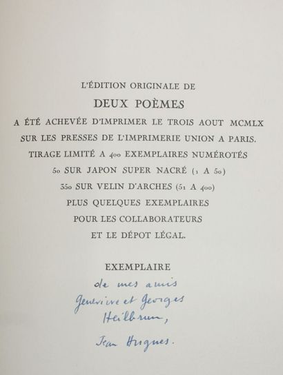 null CHAR René et Paul ÉLUARD. Deux poèmes. Paris, Jean Hugues, 1960 ; petit in-4...