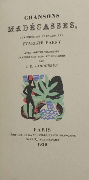 null PARNY Évariste. Chansons madécasses. Traduites en français. Paris, NRF, 1920...