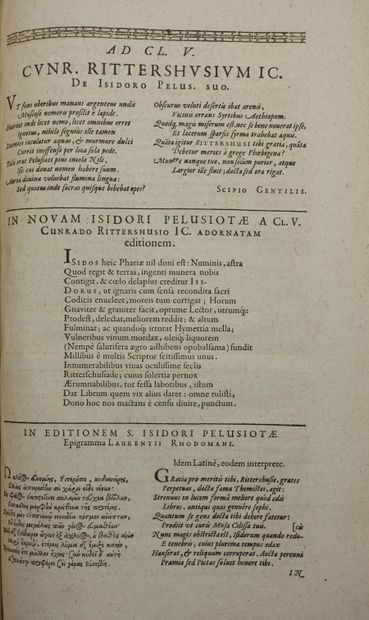 null ISIDORE Saint. De interpretatione divinæ Scripturæ. Epistolarum libri IV. [Heidelberg],...
