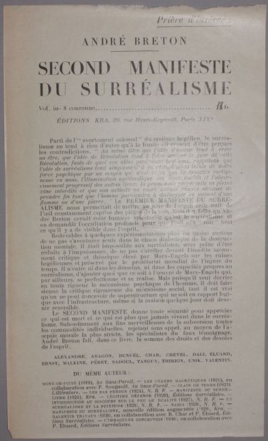 null BRETON André. Le second Manifeste du Surréalisme. Paris, Kra, 1930 ; in-4, reliure...